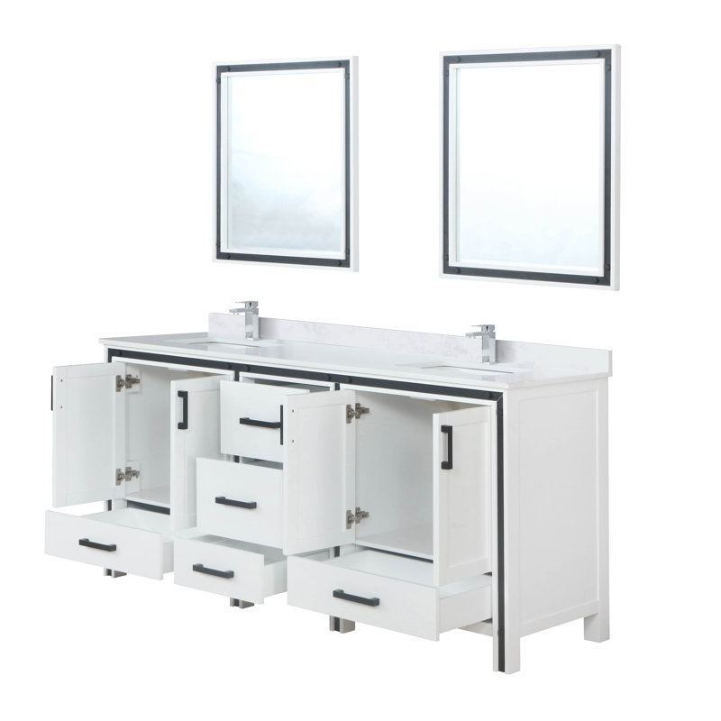 Ziva 72 in W x 22 in D Double Bath Vanity, White Top, 30 in Mirrors and Chrome Faucet Set, White, White Quartz