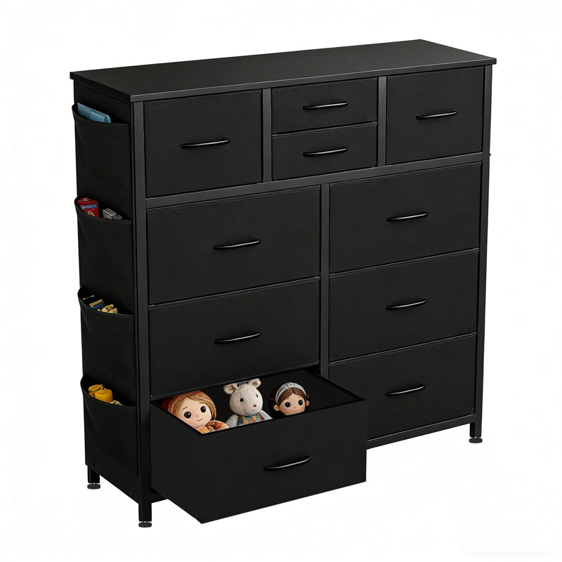 38.98"W 10-Drawer Fabric Dresser with Wood Top and Side Pockets, Storage Chest, Black