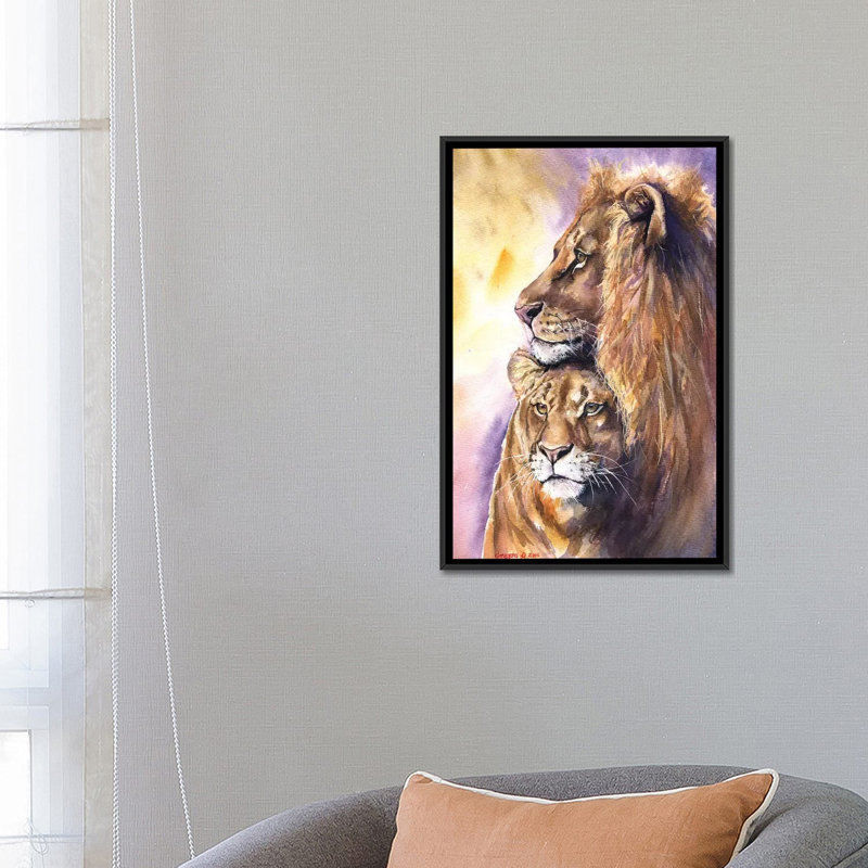 « lion », impression sur toile, H 26 po x l 18 po x P 1,5 po, Toile avec cadre noir, Blanc