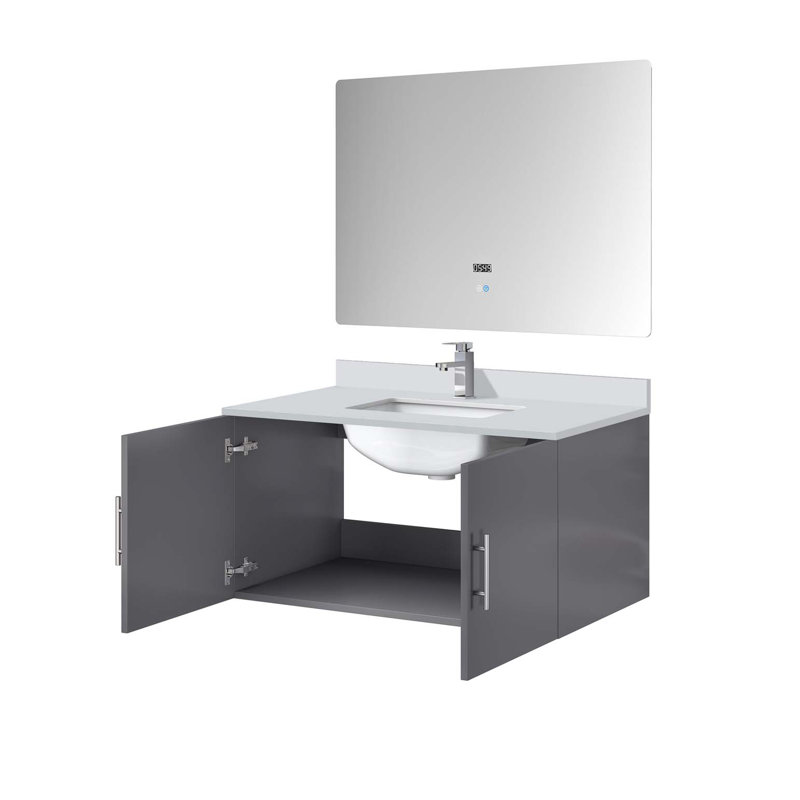 Ensemble de meuble-lavabo avec robinet et miroir DEL, Gris foncé, 36"