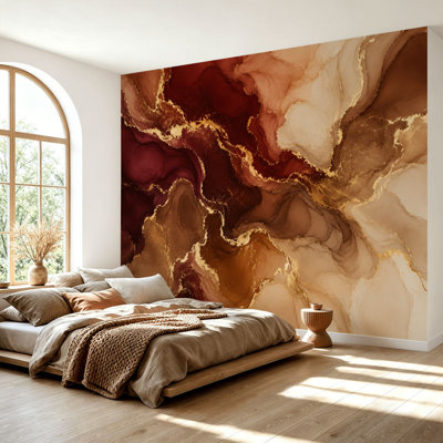 Wall Mural Peel and Stick Wallpaper Abstract Burgundy Gold Fluid Art Marble Self-Adhesive Removable Contact Paper Wall Decor for Living Room Bedroom 69"H x 96"W