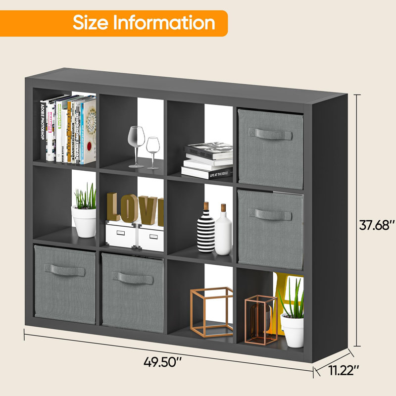Bookshelf with Storage Bins, 12-Cube Storage Organizer Wooden Bookcase Modern Open Display Shelf, Black