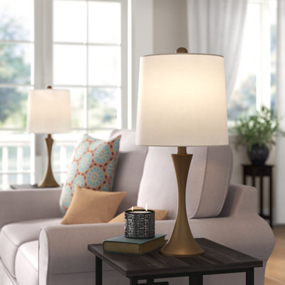 House of Hampton 25" Bedside Table Lamps Set of 2 - Mid-Century Modern Table Lamp Lights with Metal Flared Trumpet Base - Includes Energy Efficient LED Light Bulbs (Bronze)