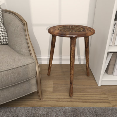 Anthea Mango Wood Handmade Intricately Carved Floral Side End Accent Table with 3 Slender Legs by Dakota Fields