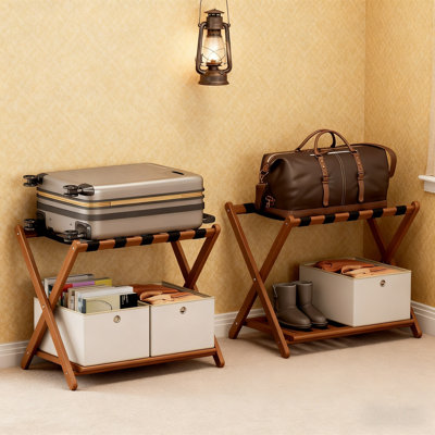 Porte-valises pliant en bambou avec tablette de rangement, porte-bagages en noyer assemblé, ensemble de 2 avec 4 boîtes de rangement