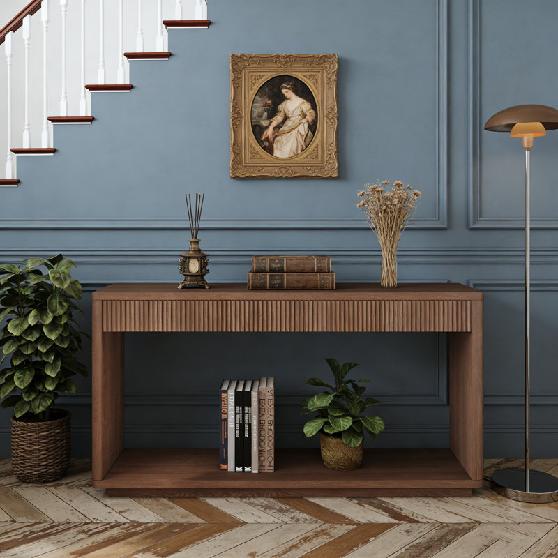 Bravantice cannelé moderne de 60 pouces avec deux tiroirs et une finition en placage de bois naturel pour une utilisation polyvalente à la maison.