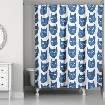 Blue Cat Face Pattern Shower Curtain