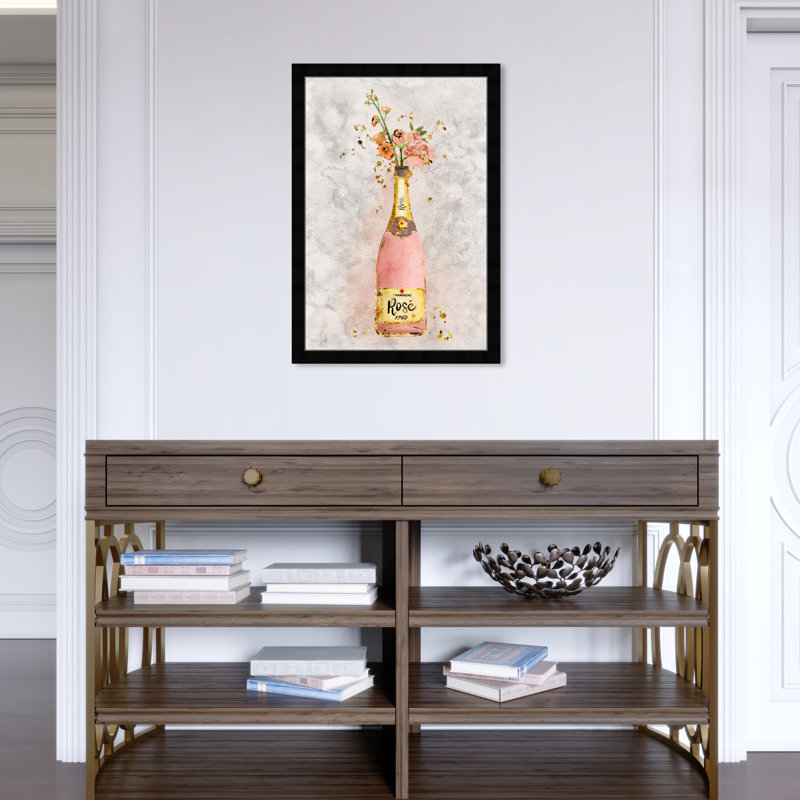 Champagne Rosado - peinture sur toile, H 26 po x l 18 po, Papier avec cadre noir