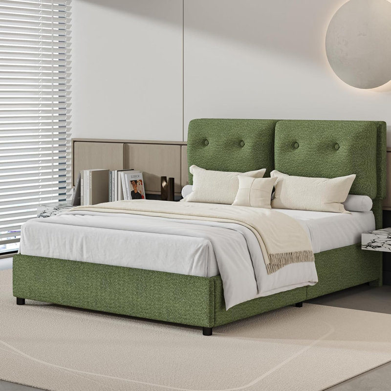 Bed Frames with Headboard, Boucle Bed Frame with Upholstered Headboard, Removable Upholstery, Wooden Slats Support, No Box Spring Needed