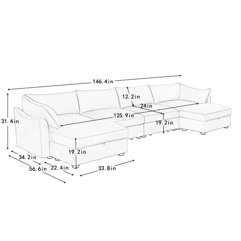 Canapé modulaire moderne avec tiroirs cachés et repose-pieds avec rangement, Chenille blé