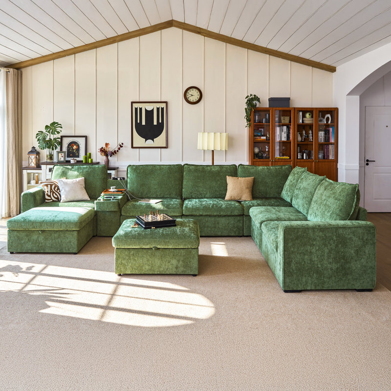 Ensemble de canapé modulaire surdimensionné en U à 8 places en chenille avec console polyvalente, table d'appoint avec porte-gobelet