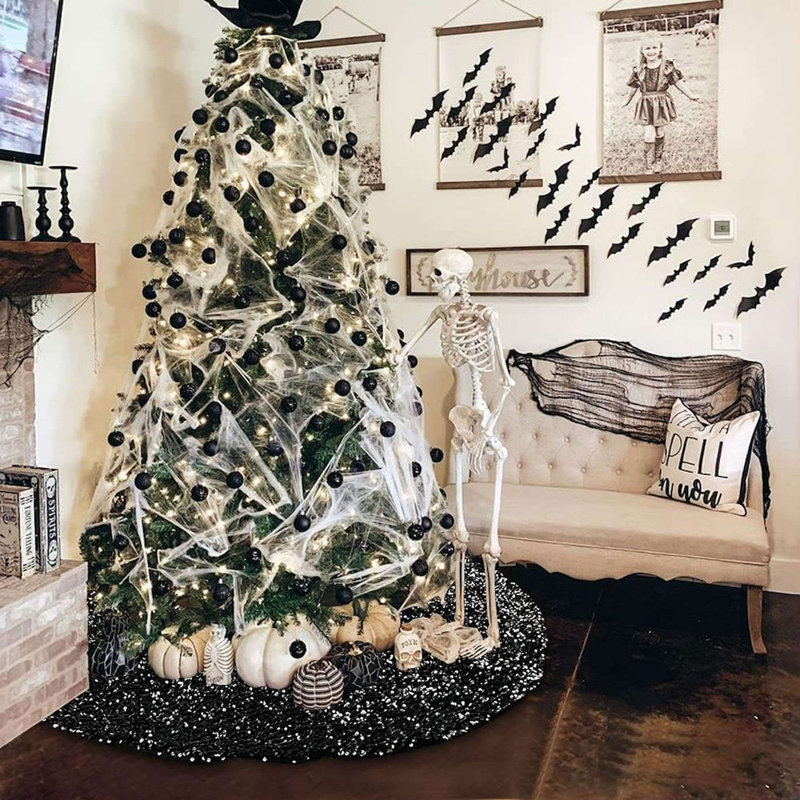 Black Sequin Polyester Christmas Tree Skirt, 35.4 Inch