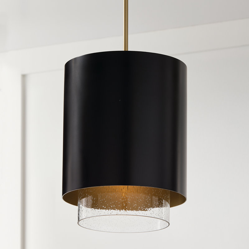 11.50"W x 19.50"H 1-Light Cylindrical Metal Pendant with Seeded Glass, Matte Brass/Black