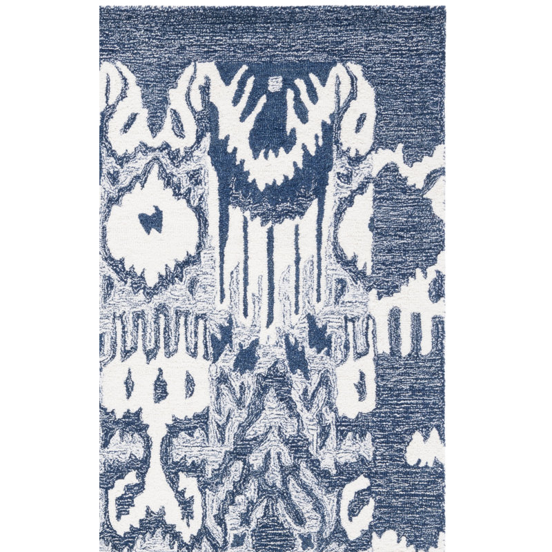 Tapis ivoire / bleu en laine / coton touffeté à la main Ikat, Tapis de couloir 2 pi 3 po x 8 pi