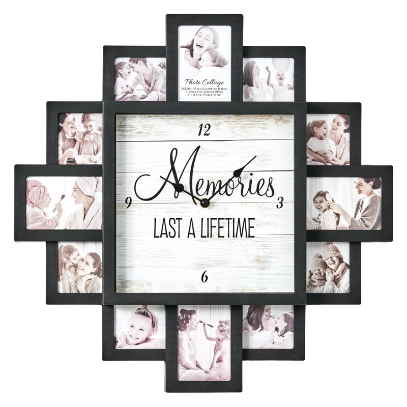 "Memories" 20" x 20" Photo Collage Wall Clock, Black Farmhouse Picture Frame Holds 12 Photos, Battery Operated Family Memory Display for Nursery, Baby Room, Kids Bedroom, Living Room & Wall Decor