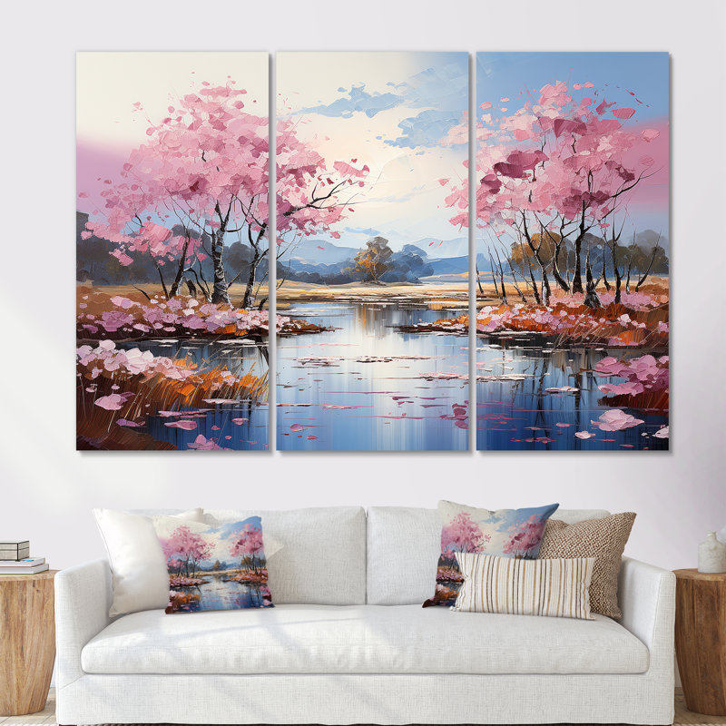 «Pink Trees Blooming In Country Charm I», ensemble d'art sur toile, H 28 po x l 36 po x P 1 po, Toile tendue