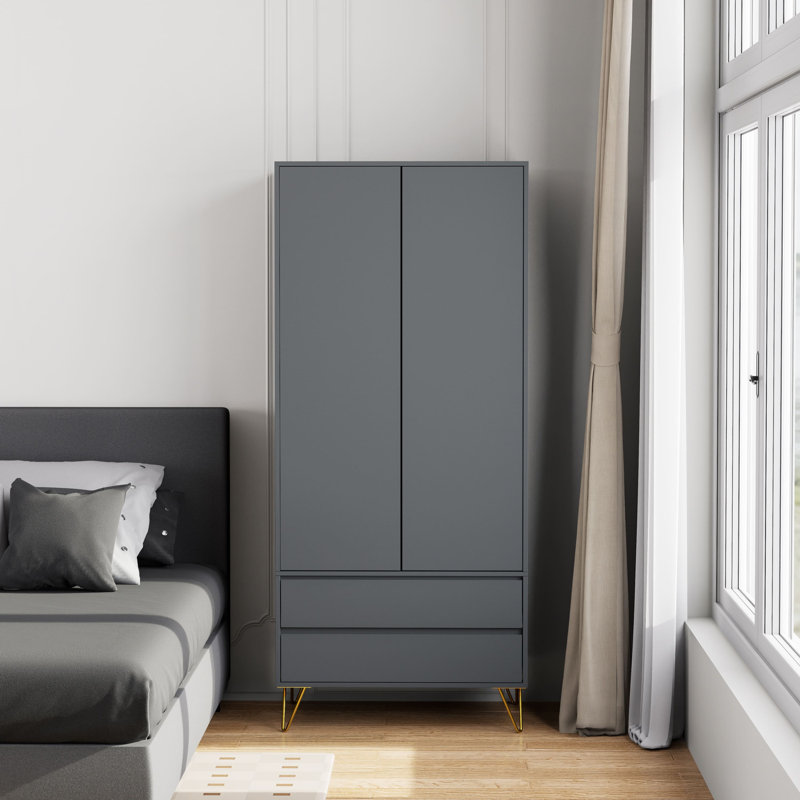Almaas 2 Door Manufactured Wood Wardrobe, 186cm H x 81.5cm W x 53cm D, Gray