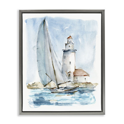 Au-416-Framed " Nautical Sailboat And Lighthouse " by Ethan Harper
