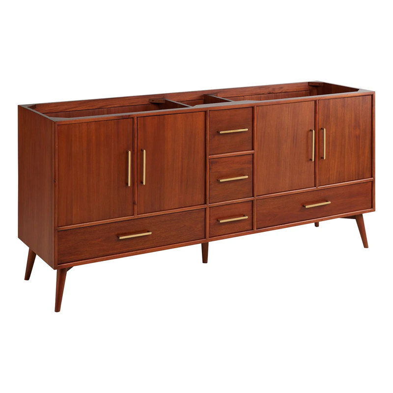 72" Novak Double Bathroom Vanity Set with Oval Undermount Sinks, Natural Teak, 8" Widespread, Feathered White Quartz