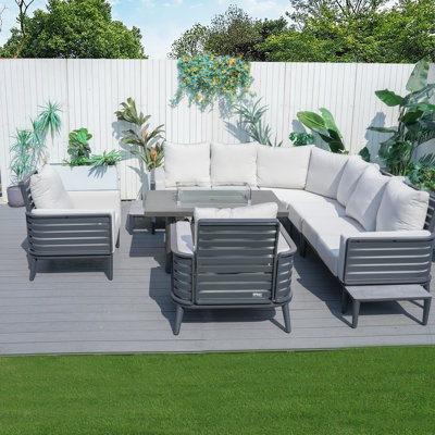 8-Person Outdoor Aluminum Sectional Conversation Set With Cushions And Fire Pit Table
