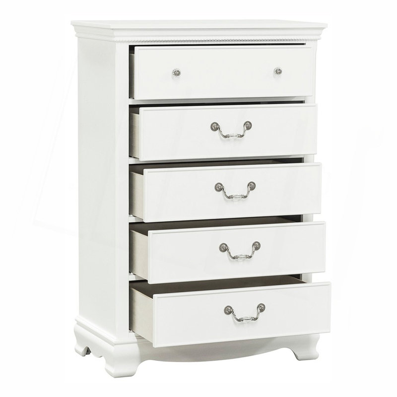 1 pièce commode pour table de chevet, 5 tiroirs en queue d'aronde, meubles de chambre à coucher en bois, poignées et poignées en nickel, blanc