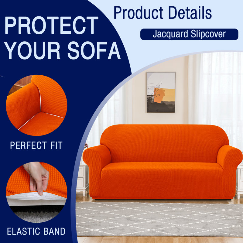 Soft Spandex Stretch Box Cushion Sofa Slipcover, Orange, 104" H x 235" W x 107" D