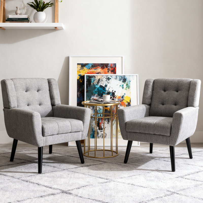 Tufted Upholstered Wide Back Armchair（Set of 2）, Light Gray Linen Blend