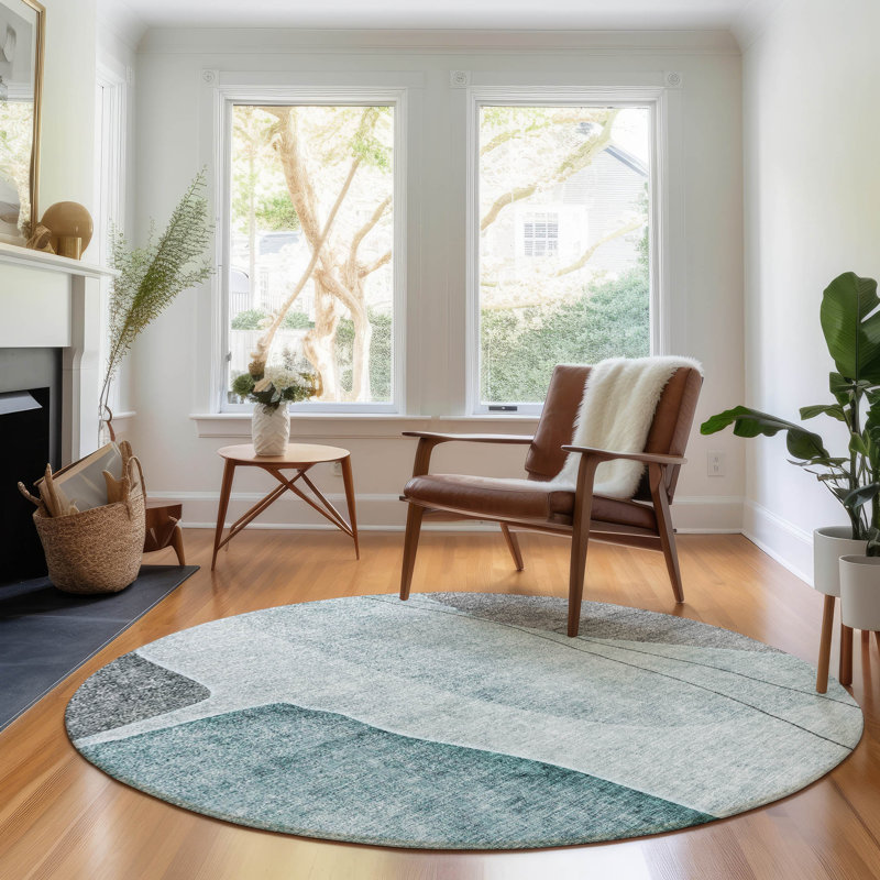 Premium Machine Washable Prisco Teal Rug, Round 8'