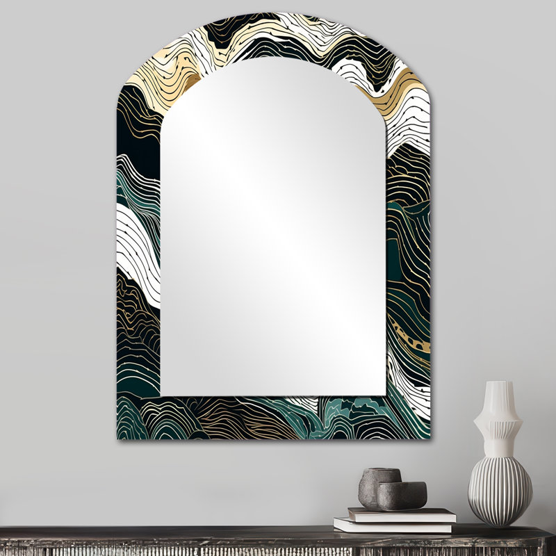 Exploration des lignes abstraites III - miroir mural arqué Line Art, miroir décoratif asymétrique vert, 34 po x 25 po