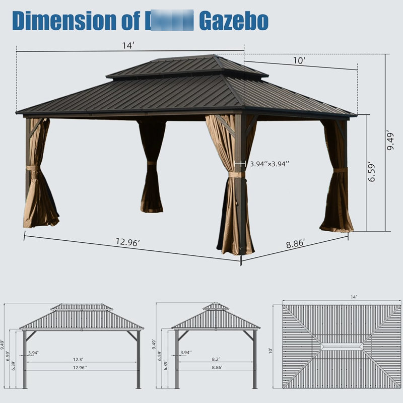 Pavillon de jardin brun 10 pi x 14 pi Fabriqué en aluminium et en acier galvanisé. Spacieux pour s'amuser en plein air. Conçu pour résister aux intempéries. Double toit pour une meilleure ventilation