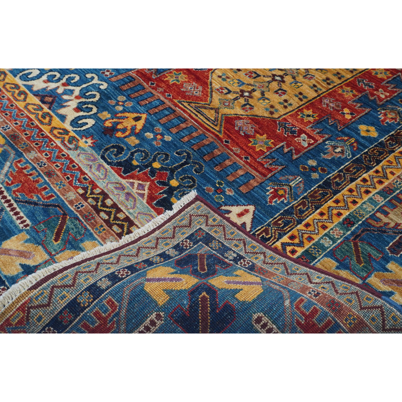 Tapis bleu et multicolore de haute qualité noué à la main