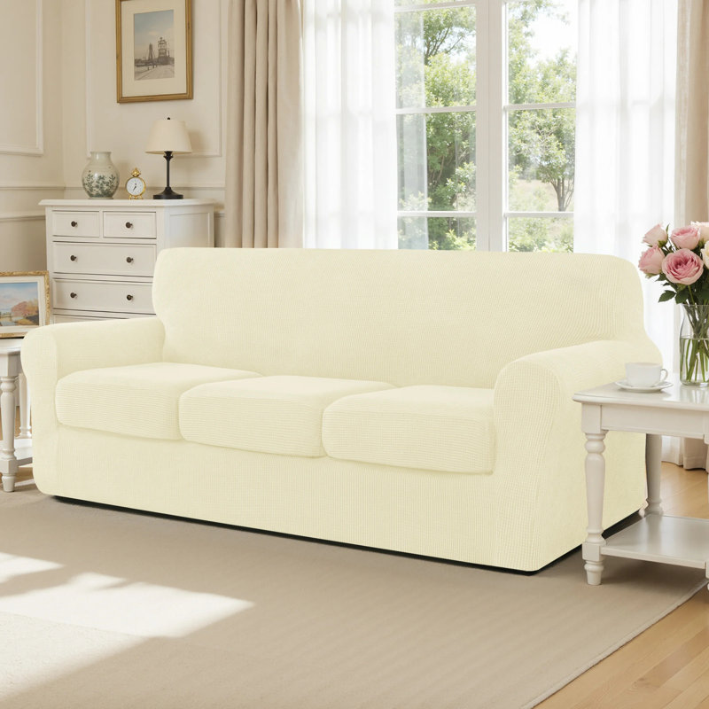 4 Piece Stretch Jacquard Couch Cover, Sofa Slipcover for 3 Cushion Couch, Machine Washable Furniture Protector(Sofa, Ivory)