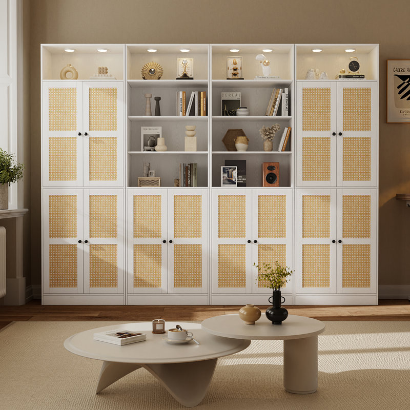 85.8" H X 94.4" W 7-Tier Large Rattan Storage Bookcase, Bookshelf With White Downlights