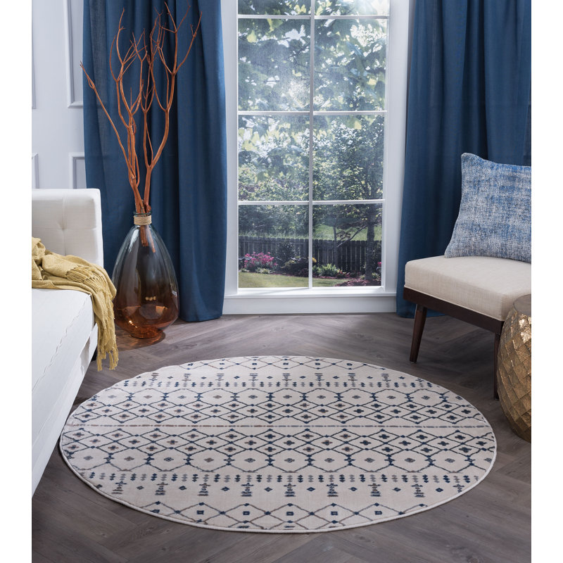 Tapis crème / bleu / gris Modern Farmhouse, Rond 7 pi 10 po