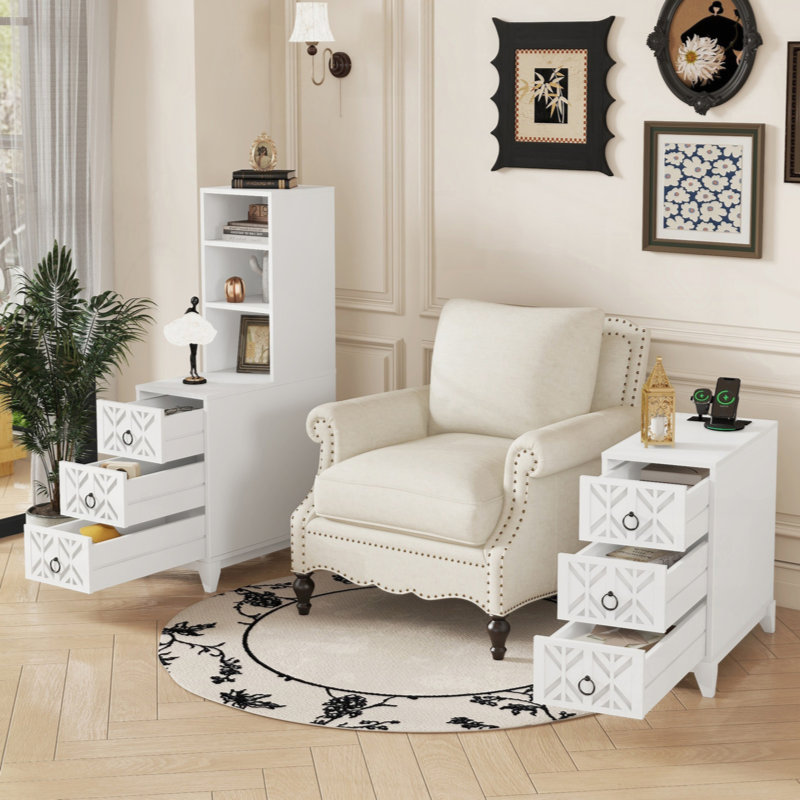 End Table With 3 Drawers, Corner Table With 2 Open Shelves, Tall Side Table For Bedroom And Corner, White