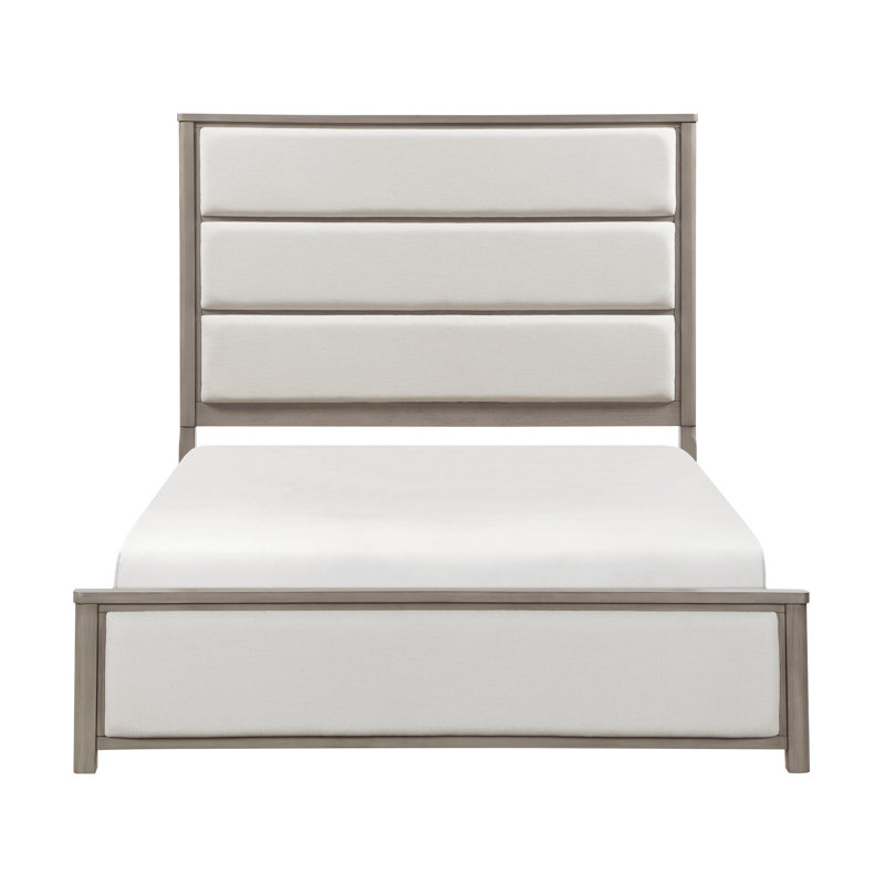 Très grand lit à panneau gris contemporain avec tissu en chenille beige sur la tête de lit et, essentiel pour une chambre à coucher moderne, sommier tapissier avec pieds de lit rembourrés et meubles