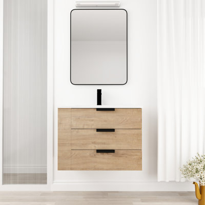 Meuble-lavabo mural de 30 po avec lavabo mural, imitation chêne imitation, 3 tiroirs, poignée, fermeture en douceur, tablette latérale réglable pour plateau supérieur, agencement de couleurs, lavabo en résine,