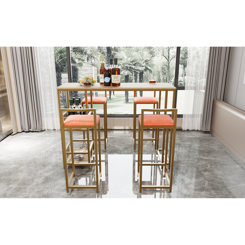 -piece bar table and chair set with gold frame, multi-layer tabletop, sponge cushions, orange upholstery