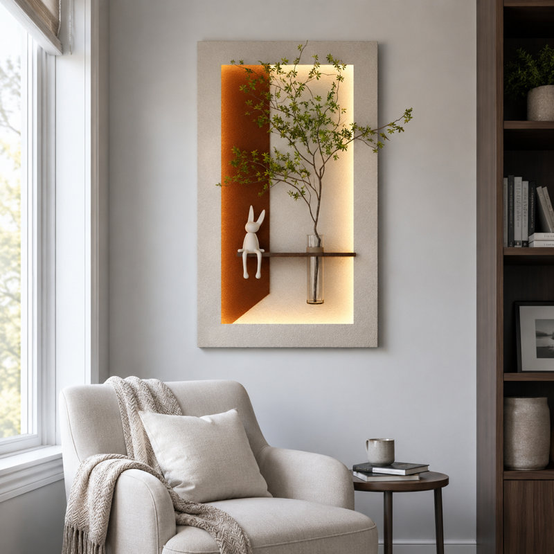 Light Coffee LED Wall Decor with Hydroponic Vase, Rabbit Accent, and Layered Botanical Design