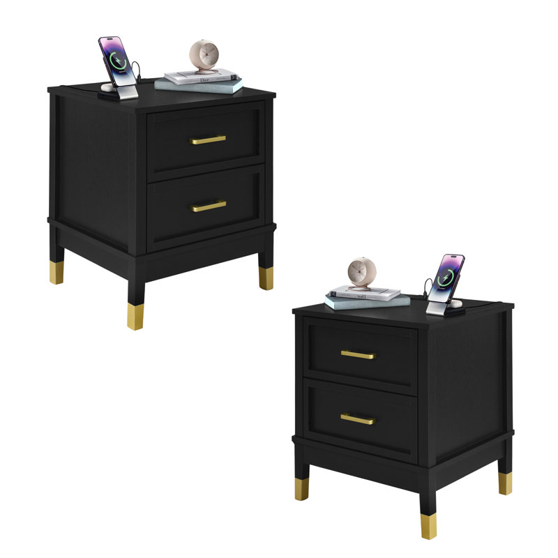 Walter Set Of 2 Nightstands With Charging Station, 2 Drawer Bedside Tables With Storage, Night Stands For Bedroom, End Table Or Side Table For Living Room, 15.5" X 18.7" X 21.7", Black