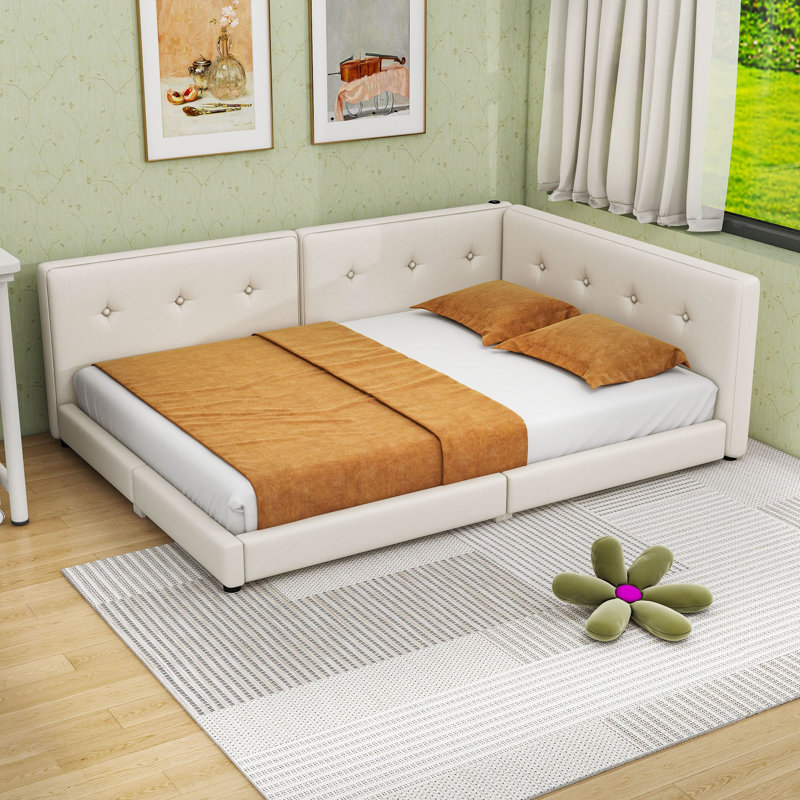 Lit plateforme tapissier en lin avec ports USB, Beige, Grand lit