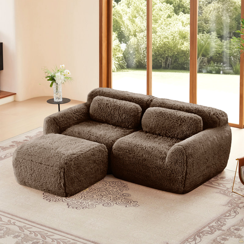 L-Shaped Boneless Sofa,Soft Fluffy Plush Fabric,With Chaise 32D High Density Sponge,No Assembly Required, 2, Chocolate