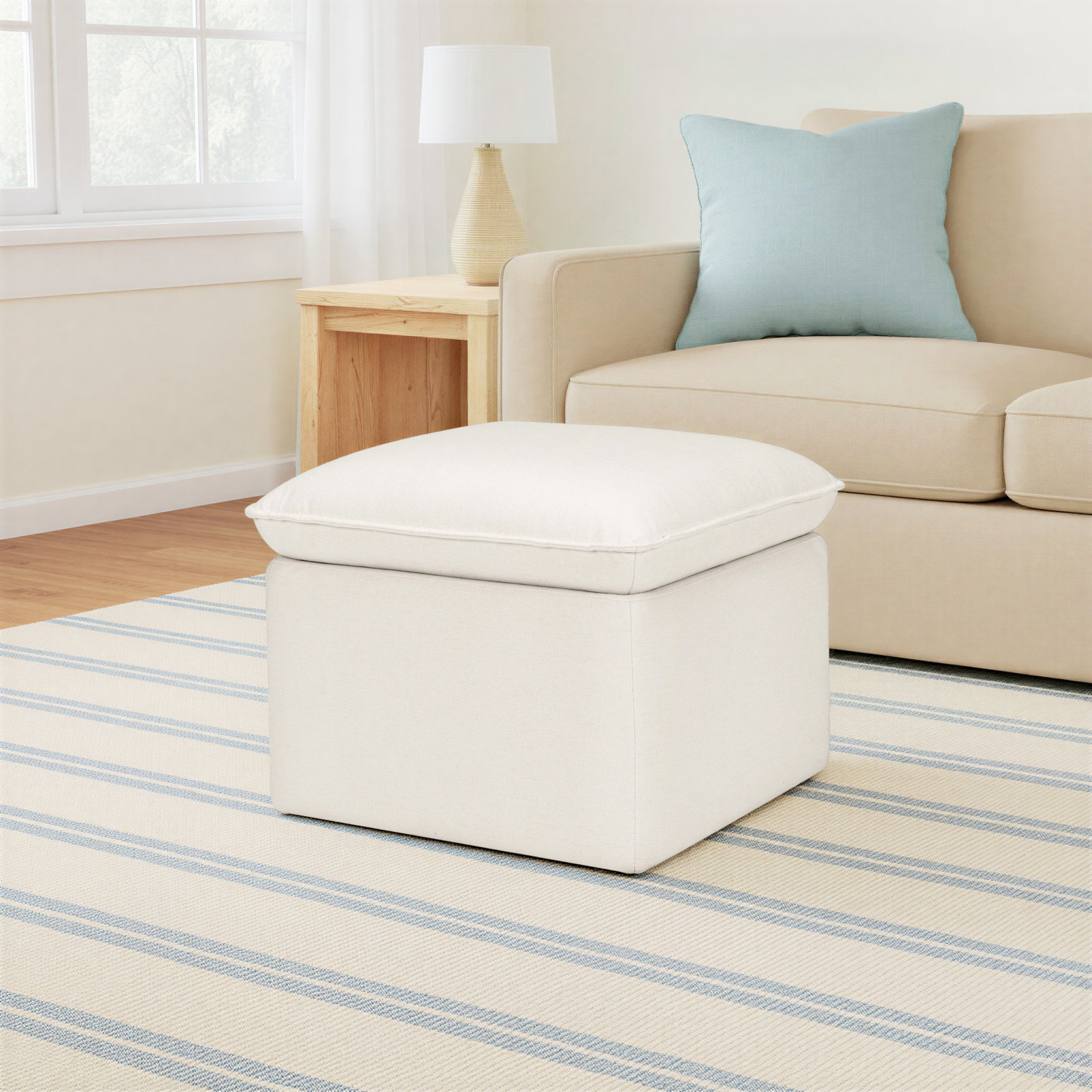 22" Storage Ottoman, Cream Polyester