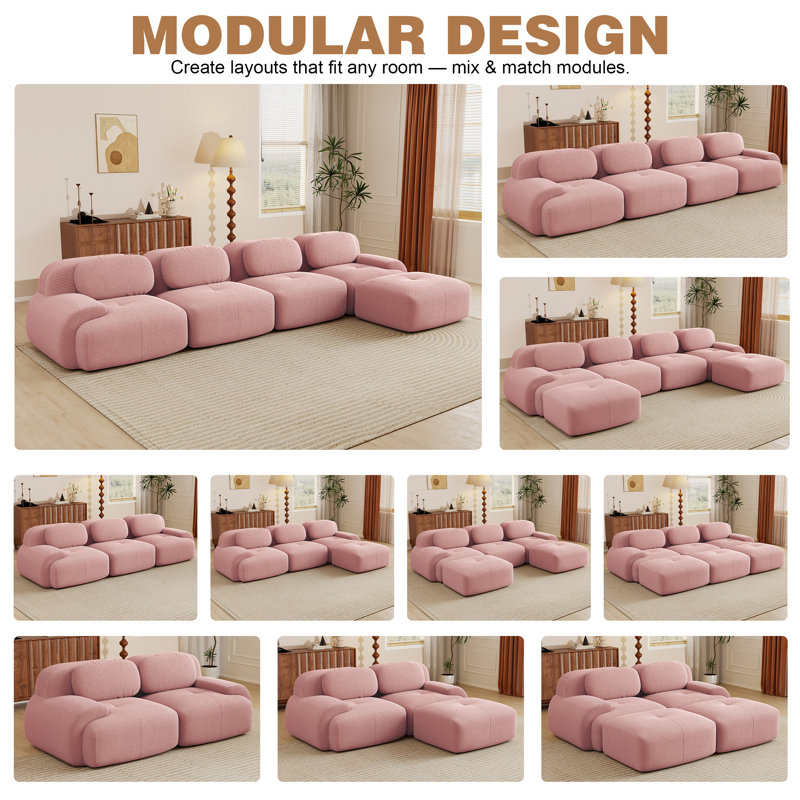 Canapé modulaire en forme de L de 153 po, canapé de salon 4 places surdimensionné en velours côtelé, sans assemblage, rose