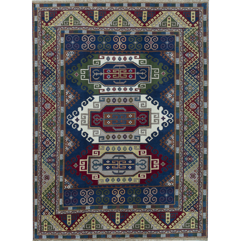 Wool Oriental Area Rug in Blue/Cream/Wine/Green