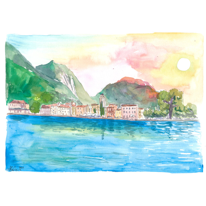 Riva Pearl Of Lake Garda In Italy Print by Martina Bleichner, Black Framed Canvas, 24" H x 32" W