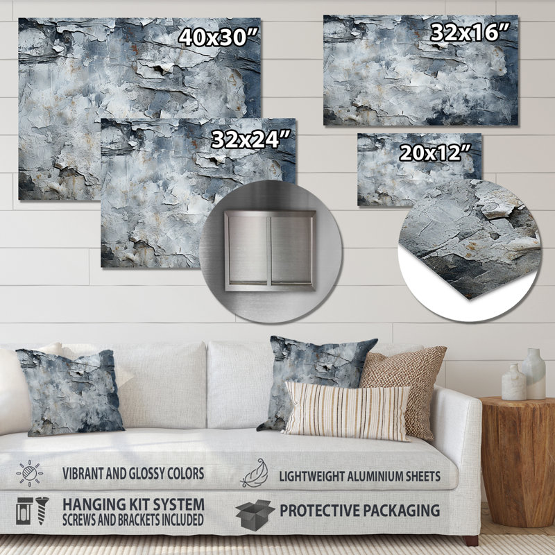 Abstrait, surface lunaire grise I - tachisme, art mural en métal MT136231, H 12 po x l 20 po x P 1 po