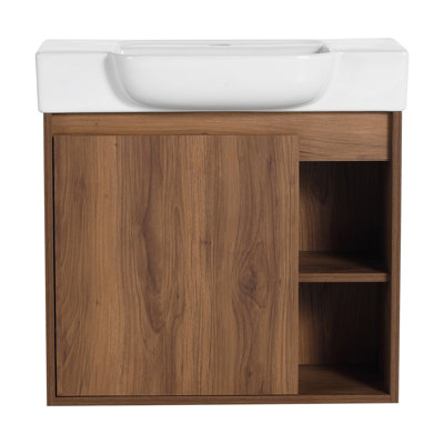 24'' Wall-Mounted Bathroom Vanity With White Ceramic Sink & Soft-Close Door, KD-Packing