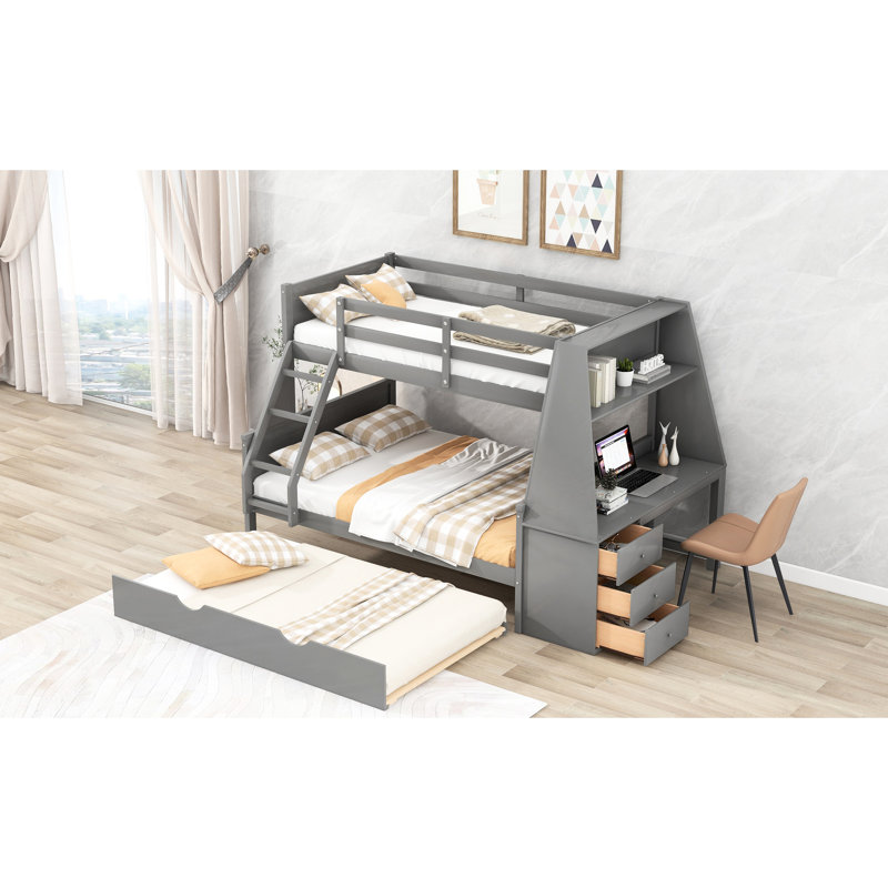 Lit superposé simple au-dessus d'un lit double avec lit gigogne et bureau, rangement - Lit gigogne gris Accessibilité, Gris