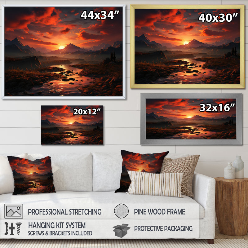Coucher de soleil au sommet - impression sur toile de paysages, H 12 po x l 20 po x P 1 po, Encadrement doré